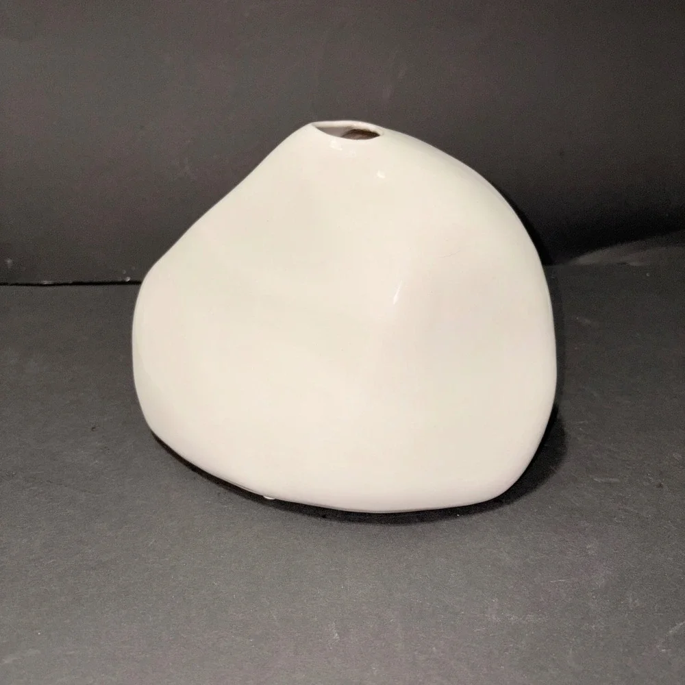 Modernist White Ceramic Asymmetrical Organic Pebble Bud Vase Sculptural Decor